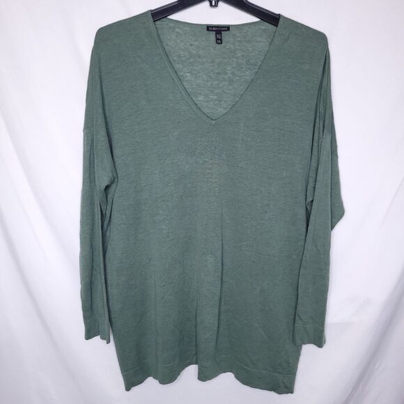 Eileen Fisher Sweater L/XL Green Organic Linen Cotton V Neck - Picture 1 of 11